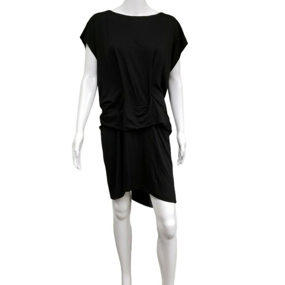 MORGANE LE FAY Black Wool Short Sleeve Asymmetrical Draped Short Dress Size S - Picture 1 of 7